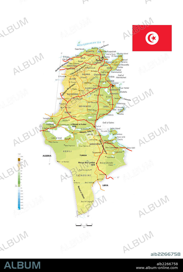 TUNEZ. Mapa físico y político de Túnez.