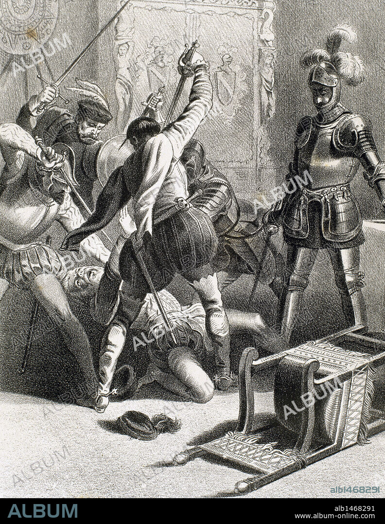 FRANCISCO PIZARRO (1478-1541). Conquistador español. "ASESINATO DE PIZARRO POR LOS SEGUIDORES DE DIEGO DE ALMAGRO (26 JUNIO 1541) ". Grabado del s. XIX.
