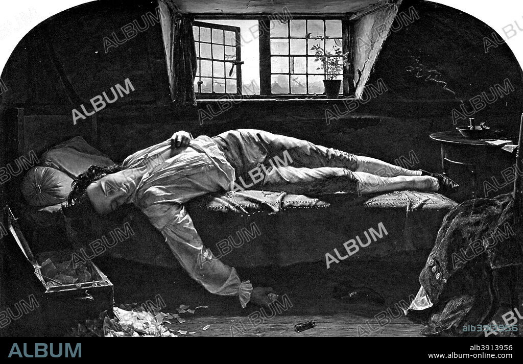 'The Death of Chatterton', 1856 (1900). This was the first great success of the British Pre-Raphaelite painter Henry Wallis. It was exhibited at the Royal Academy in 1856. It depicts Thomas Chatterton, an 18th century poet who committed suicide aged just seventeen and was a romantic hero to struggling young artists in the mid 19th century. The model used for the painting was the novelist and poet George Meredith.