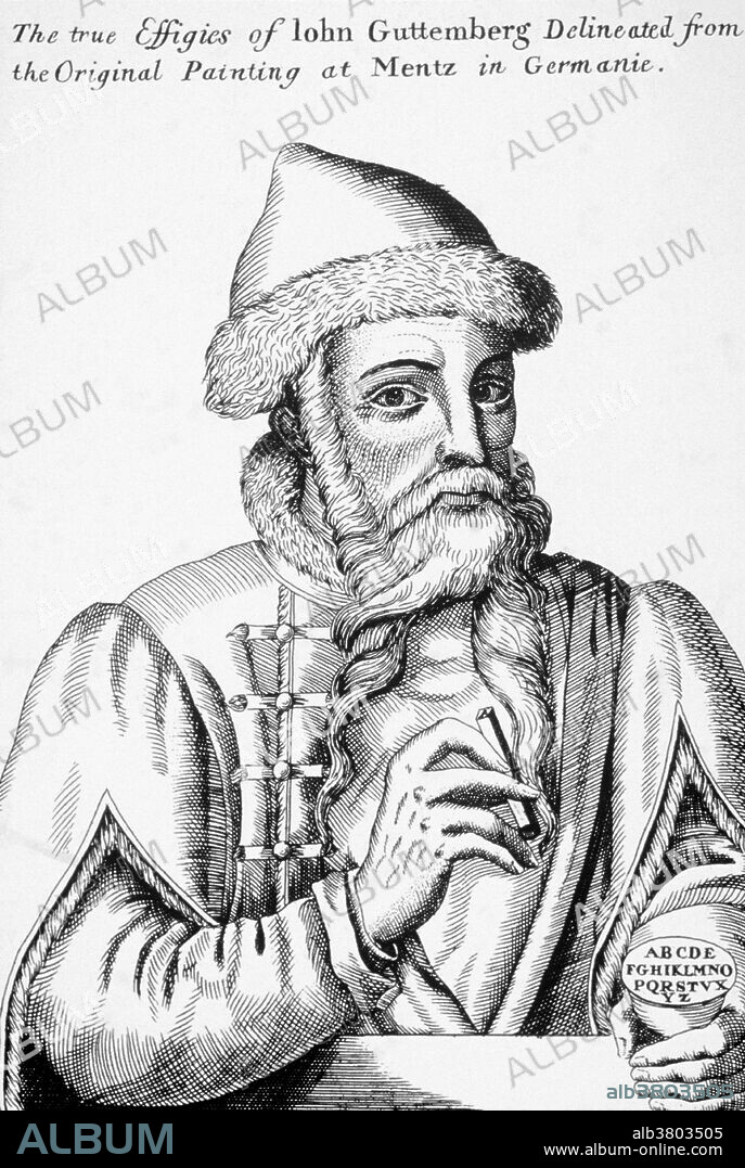 Illustration of Johannes Guttenberg (1397-1468), inventor of the printing press. An artisan from Mainz, Germany, Guttenberg invented a moveable type method of printing that is still used today.