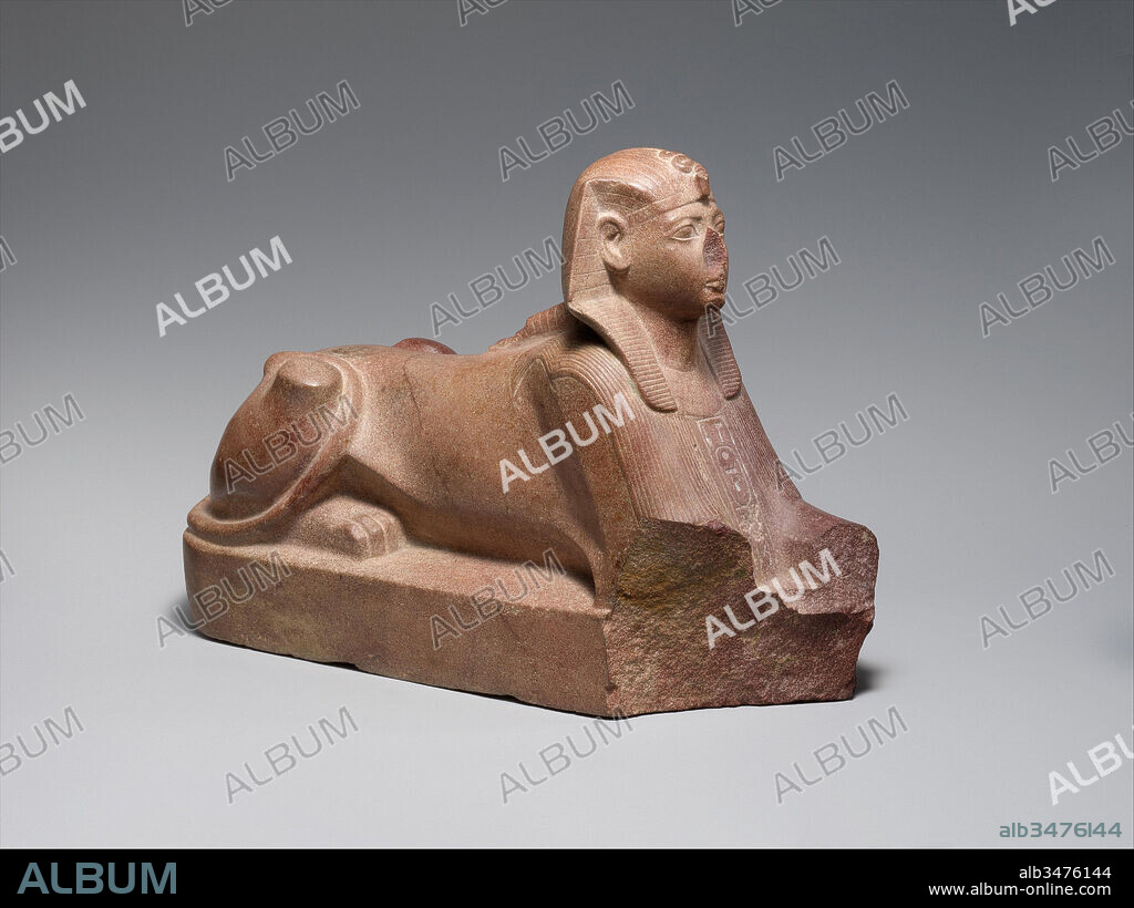 Sphinx of Thutmose III, New Kingdom, Dynasty 18, ca. 1479–1425 B.C., From Egypt, Quartzite, l. 34.6 cm (13 5/8 in); w. 11.4 cm (4 1/2 in); h.. 23.3 cm (9 3/16 in); weight 4.5 kg (9.9 lb), This finely executed representation of Thutmose III is made of extremely hard stone. The transition between the head of the king and the powerful feline body has been masked by the nemes headdress and the stylized lion's mane which forms a bib-like panel on the chest.