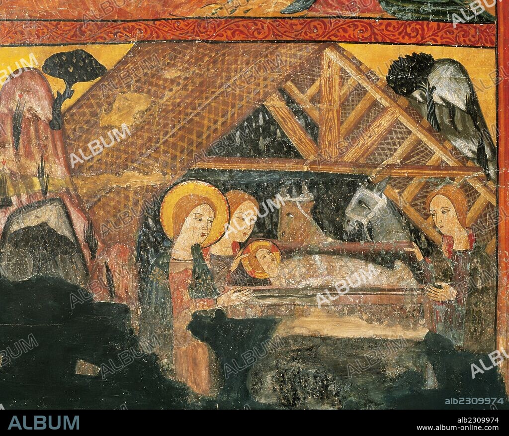 ARTE GOTICO. ESPAÑA. FRONTAL DE LA VIRGEN MARIA "MARE DE DEU". Pintura al temple sobre madera (102 cm x 220 cm). Anónimo procedente de Bellver de la Cerdanya (?). Zona pirenáica. Finales siglo XIV. Representación de LA NATIVIDAD. Museu Episcopal de Vic. Provincia de Barcelona. Comarca de Osona. Cataluña.