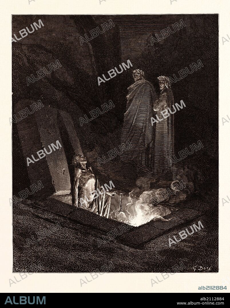 FARINATA DEGLI UBERTI, BY GUSTAVE DORÉ. Dore, 1832 - 1883, French. Engraving for The Divine Comedy, Divina Commedia, by Dante Alighieri. 1870, Art, Artist, romanticism, colour, color engraving.