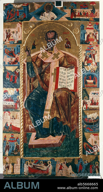 Ikonenmalerei, serbisch, Malermönch Longinos, 1574. - Der Heilige Nikolaus und Szenen seines Lebens. Tempera auf Holz, Kloster Decani (Serbien).
