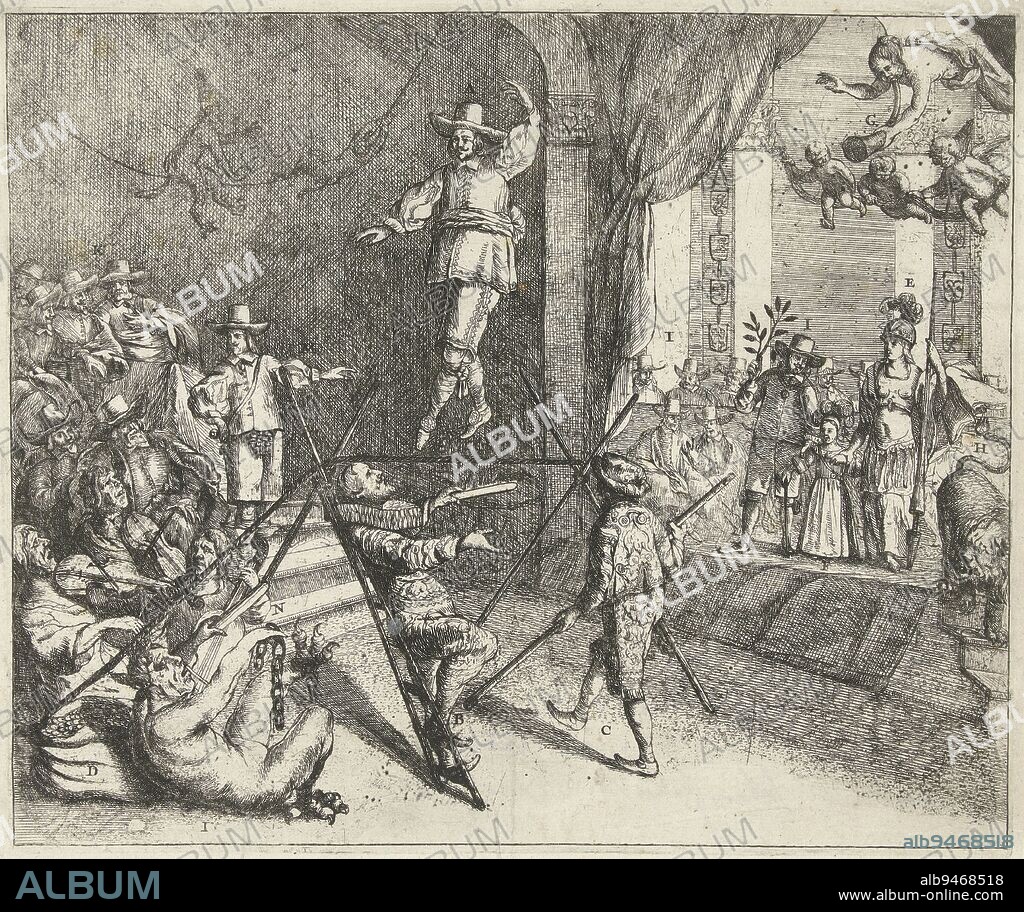 Cartoon of Oliver Cromwell and England at the time of the First English War. Cromwell as a tightrope walker held up by Fairfax and a courtier. On the left, the English look on. Among them are a devil, some musicians and Master Pieter Cornel (probably the preacher Hugh Peters). In the background, two monkeys swing. On the right the young Prince William III standing between a Dutchman with peace branch and Pallas, on the right the Dutch Lion, in the background the members of the States. In the air the Fame. The print is accompanied by a text sheet, Cromwell as a Tightrope Dancer, 1652 Den Engelschen Koort-Dansser ., print maker: Dirk Stoop, (attributed to), Northern Netherlands, 1652, paper, etching, h 240 mm × w 290 mm.