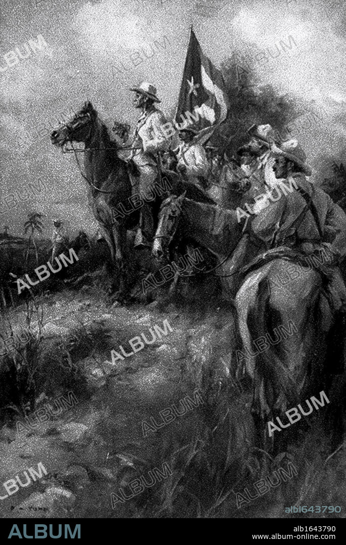 Spanish-American-Cuban War 1898: Cuban struggle for Independence. 'A well-directed volley at this time might have rid Spain of the fiery old guerrilla'. Mounted Cuban soldiers. Illustration for 'Cascorra', 1910, by Frederick Funston .
