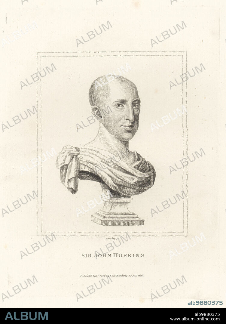 Sir John Hoskins, 2nd Baronet, English lawyer, Master in Chancery and founder and President of the Royal Society, 1634-1705. From a bust by unknown sculptor. Copperplate engraving by Edward Harding from John Adolphus The British Cabinet, containing Portraits of Illustrious Personages, printed by T. Bensley for E. Harding, 98 Pall Mall, London, 1800.