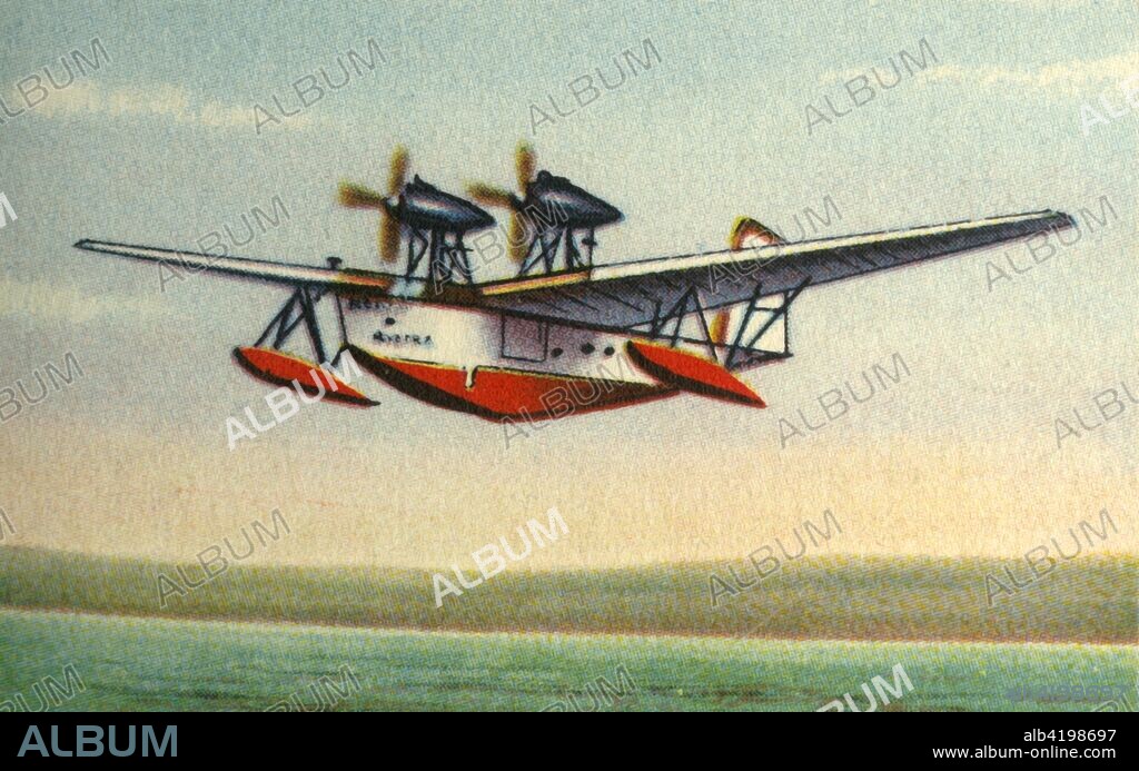 Rohrbach Rostra flying boat, 1920s, (1932). The Rohrbach Ro XI Rostra German flying boat built in 1928 for use as a transatlantic mail plane. From "Die Eroberung Der Luft", (The Conquest of the Air), cigarette card album produced by the Garbáty cigarette factory, 1932. Eugene and Moritz Garbáty, who were Jewish, were driven out of business by the Nazis in the late 1930s, and forced to sell their factory which lay empty for over 70 years. [Garbaty Cigarettenfabrik, Berlin-Pankow, 1932].