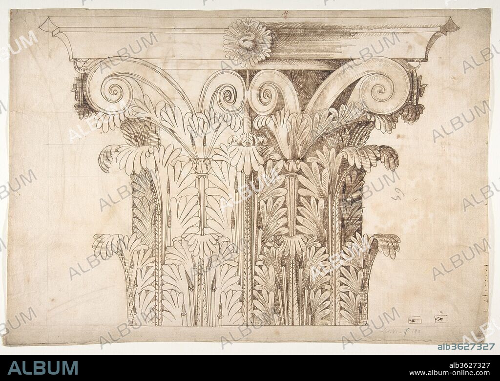 Unknown, Corinthian capital, elevation (recto) Unknown, Corinthian capital, plan diagram and detail (verso). Draftsman: Drawn by Anonymous, French, 16th century. Series/Portfolio: Goldschmidt Scrapbook. Date: ca. 1540-60.