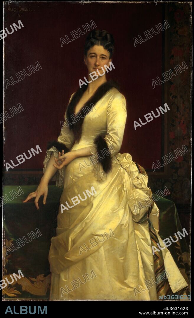Catharine Lorillard Wolfe (1828-1887). Artist: Alexandre Cabanel (French, Montpellier 1823-1889 Paris). Dimensions: 67 1/2 x 42 3/4 in. (171.5 x 108.6 cm). Date: 1876.
In the mid-1870's, both Catharine and John Wolfe commissioned works from Cabanel, who had made his reputation as a painter of genre scenes and portraits of Second Empire aristocrats. He ordered a variant of Cabanel's most famous composition, <i>The Birth of Venus</i> (94.24.1), while she commissioned a Biblical figure painting and the present portrait. She sat for Cabanel in Paris, wearing a white satin evening dress that was the height of French fashion in 1876. Contemporary viewers admired the sitter's elegant hands and her stance as that of "a hostess receiving guests...full of flexibility and pliant, willowy grace, entirely American in its distinction and sensitive responsiveness."
The portrait presided over the Catharine Lorillard Wolfe Collection when it was first exhibited at the Museum in November 1887. It was hung directly across from the portrait by Daniel Huntington of the donor's father, John David Wolfe (now in the American Wing; 87.15.78).