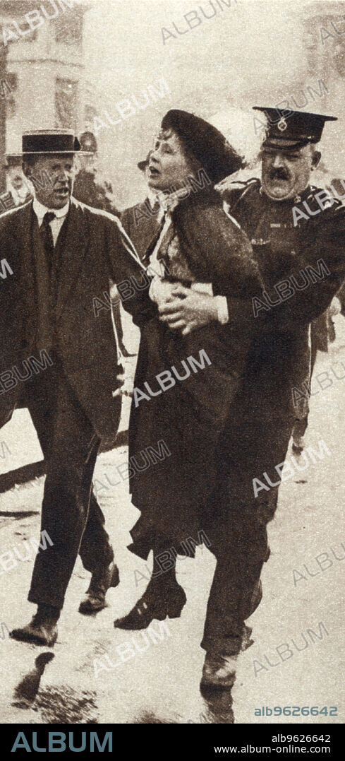 Emmeline Pankhurst arrested by Superintendent Rolfe outside Buckingham Palace, London, May 1914. Mrs Pankhurst (1857-1928) was trying to present a petition to the king. The Suffragette newspaper reported that as she was driven away to Holloway Gaol she called out: Arrested at the gates of the Palace. Tell the King! Pankhurst was jailed several times during the fight to get women the vote. Rolfe died two weeks after the incident of heart failure.