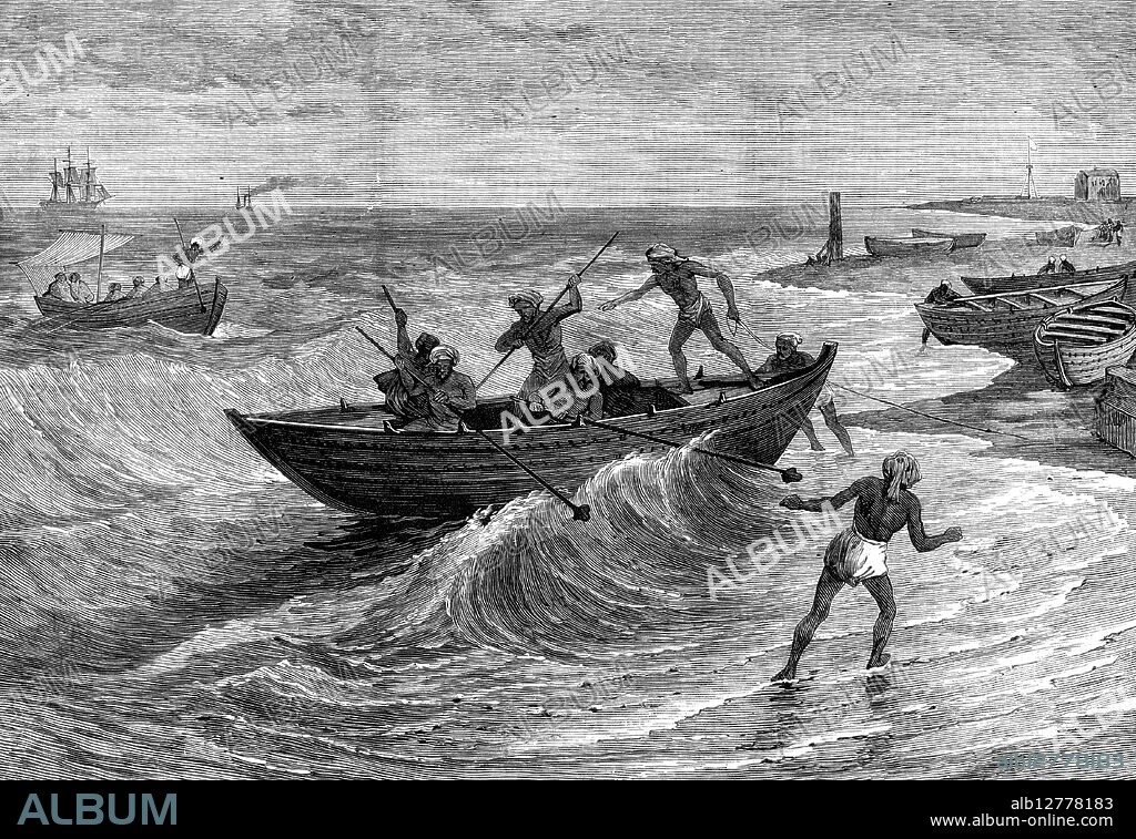 Massoolah boats, Madras, 1880. 'The peculiar kind of shore-boat, which is employed for the landing of passengers and merchandise from the ships lying outside the forbidding line of surf, which breaks with a mighty wave, rising several feet in height, at a considerable distance from the beach, has often caught the notice of travellers on their arrival at the chief seaport and capital city of the Coromandel coast. These "massoolah" boats are not less peculiar to the place than the fishing-rafts or "catamarans"...and the use of out-rigged pieces of timber fixed alongside, to steady the position of the little vessel, and to prevent its capsizing in a furious sea, may here be observed to the best advantage. Madras, however, by the recent construction of a pier and the commencement of a breakwater, is in the way to be converted into a tolerably safe artificial harbour, which will greatly benefit the trade of Southern India. Though now of secondary political and commercial importance compared with Bombay and Calcutta, this place is of great historical interest with reference to the first foundation of British Indian dominion and the contest subsequently waged between the English and the French to dispute the possession of that country'. From "Illustrated London News", 1880.