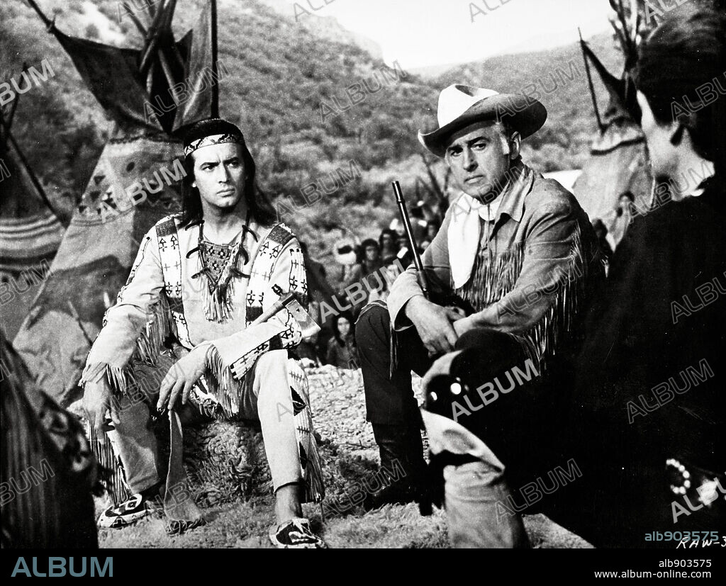 PIERRE BRICE and STEWART GRANGER in RAMPAGE AT APACHE WELLS, 1965 (DER OLPRINZ), directed by HARALD PHILIPP. Copyright RIALTO FILM.