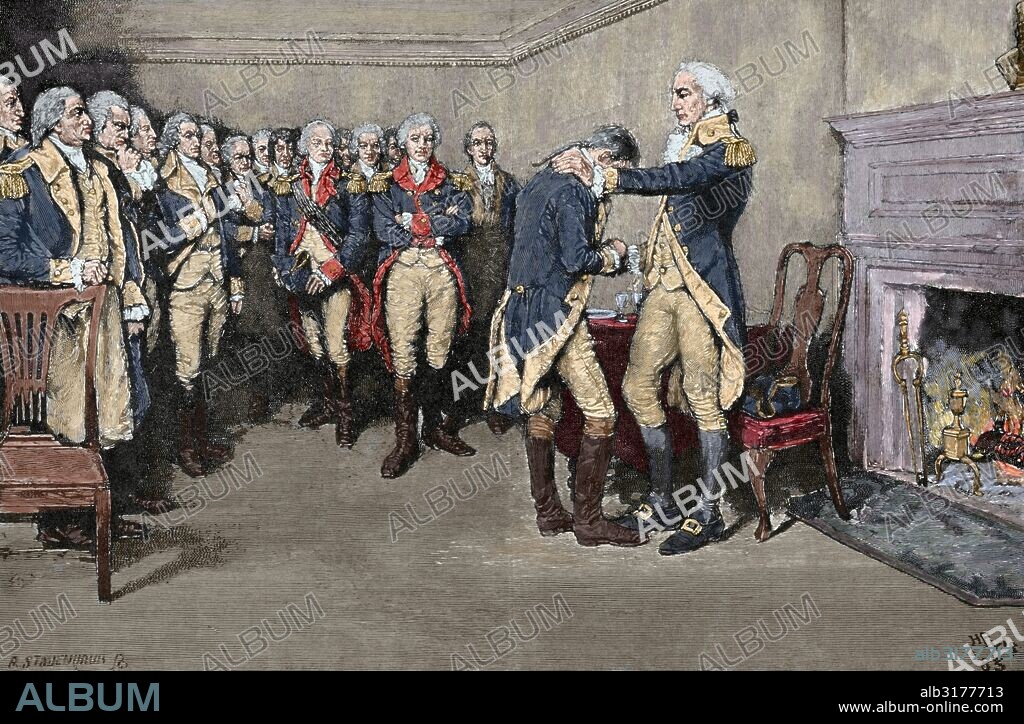 Guerra de Independencia Americana (1775-1783). Nueva York. Despedida de George Washington a sus oficiales en la Taberna Fraunces, el 4 de diciembre de 1783, al dimitir como Comandante en Jefe del Ejército Continental después de la victoria de Estados Unidos. Grabado por Howard Pyle. Harper semanal, 1883. Grabado coloreado.