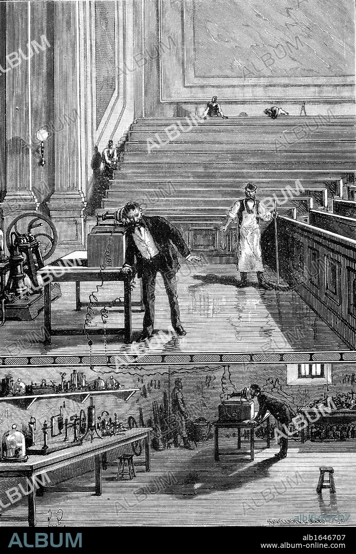 Alexander Graham Bell (1847-1922) Scottish-born American inventor: patented telephone 1876. Bell in lecture hall of Boston University, communicating by means of his second telephone to colleague in basement. Wood engraving, Paris, 1883.