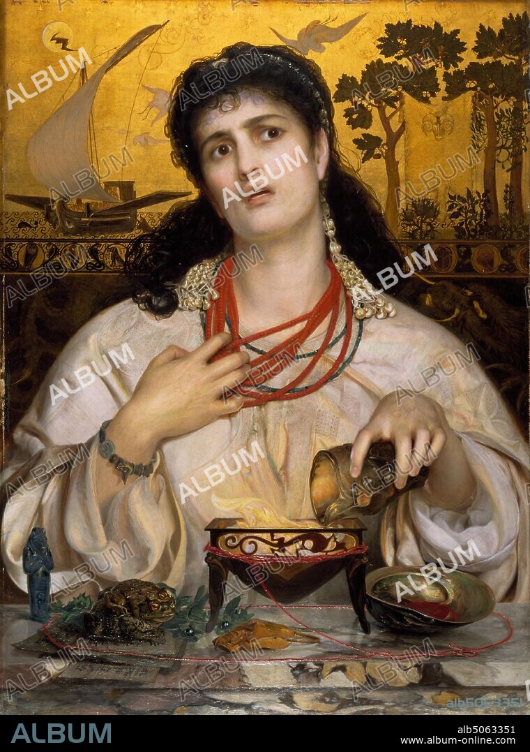 Medea, 1868 Artist: Frederick Sandys, Greek legend describes Medea as a sorceress and the wife of Jason. When he deserted her for another woman, Medea poisoned both her rival (Glauce) and her two children., Art Movement, Pre-Raphaelite, Greek Mythology, Oil Painting, Magic, Animal, Toad.