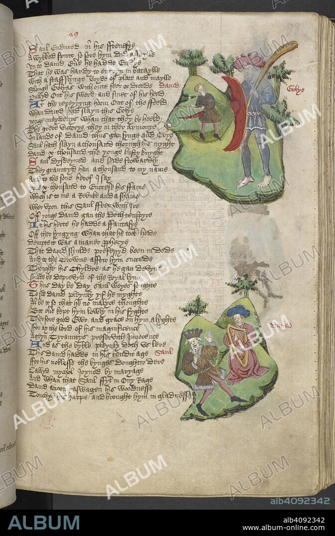 GIOVANNI BOCCACCIO. David attacking Goliath with a sling, and David playing the harp for Saul. The Fall of Princes , abridged. England, S. E. (probably Suffolk, possibly Bury St Edmunds); c. 1450 - c. 1460. Source: Harley 1766, f.93. Language: English.