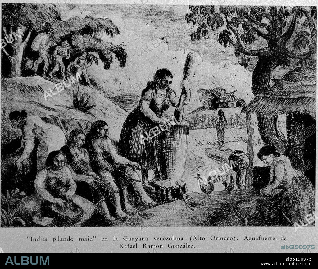 RAFAEL RAMÓN GONZÁLEZ. INDIAS PILANDO MAIZ EN LA GUAYANA VENEZOLANA (ALTO ORINOCO) - AGUAFUERTE DEL SIGLO XX.