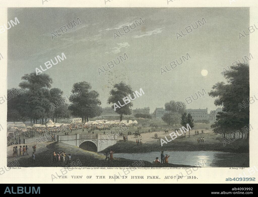 EDWARD ORME, M DUBOURG and J. H CLARK. View of the fair. An Historical Memento, representing the different. Edward Orme: London, 1814. The view of the fair in Hyde Park, Augt. 1st 1814'. A moonlight scene.  Image taken from An Historical Memento, representing the different scenes of public rejoicing, which took place the first of August, in St. James's and Hyde Parks, London, in celebration of the Glorious Peace of 1814, and of the centenary of the accession of the illustrious House of Brunswick, etc. (Edited by Edward Orme.) [With coloured plates.]   Originally published/produced in Edward Orme: London, 1814. . Source: 808.m.7, opposite 53. Language: English.
