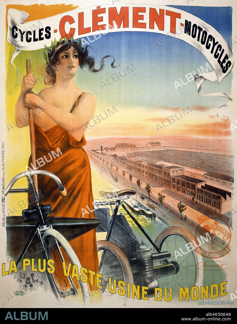 'Cycles, motocycles CLEMENT : la plus vaste usine du monde'. Affiche publicitaire illustree par PAL (1860-1942)vers 1900. Credit : Coll. Galdoc-Grob/KHARBINE-TAPABOR.