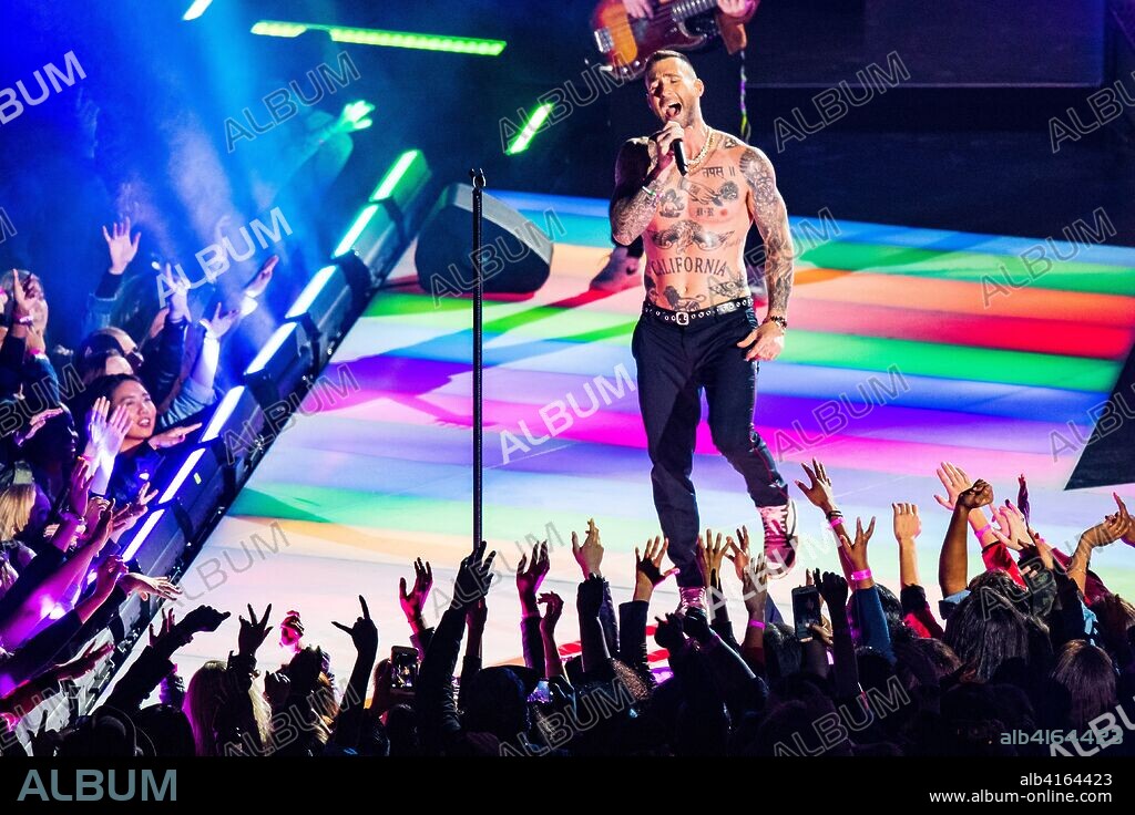 ADAM LEVINE. Maroon 5 performs during the halftime show during Super Bowl LIII between the Los Angeles Rams and the New England Patriots at Mercedes-Benz Stadium in Atlanta, GA. Jacob Kupferman/CSM. 03/02/2019