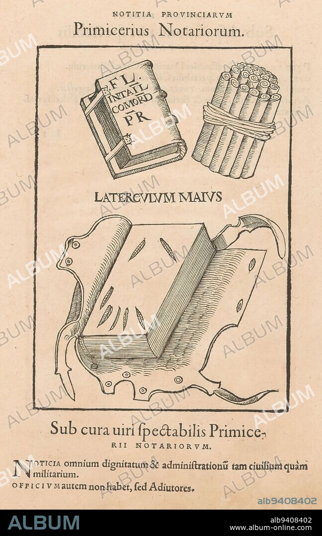 Two books and a bundle of rods, Attributes of the Primicerius, Notariorum, a function within the Roman Empire., print maker: Conrad Schnitt, (possibly), publisher: Hieronymus Froben, publisher: Nikolaus Episcopius, Bazel, 1552, paper, letterpress printing, height 287 mm × width 197 mm.