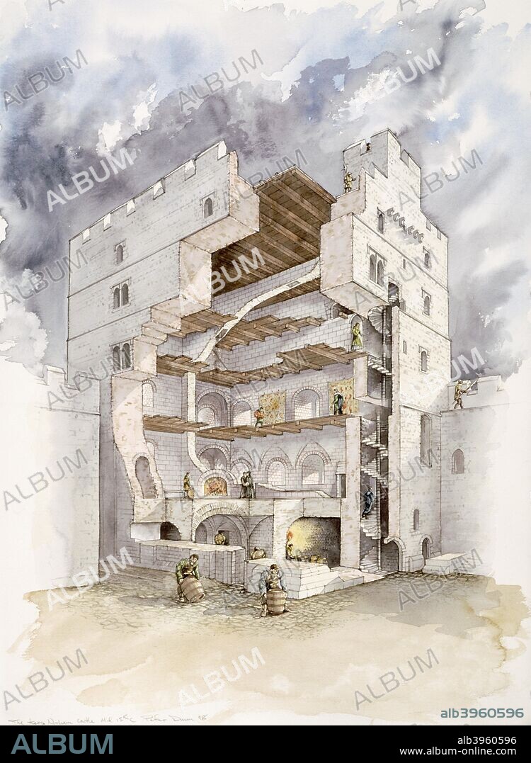 PETER DUNN. Norham Castle, mid 15th century, (1990-2010). Cutaway view of the keep in the mid 15th century. Reconstruction drawing. The castle was originally founded when Ranulf Flambard, Bishop of Durham from 1099 to 1128, gave orders for its construction in 1121, in order to protect the property of the bishopric in north Northumberland, from incursions by the Scots. In 1462 Norham Castle was held by the Yorkists on behalf of Edward IV during the Wars of the Roses (1455-1487).  The following year a Lancastrian army besieged the castle for eighteen days.