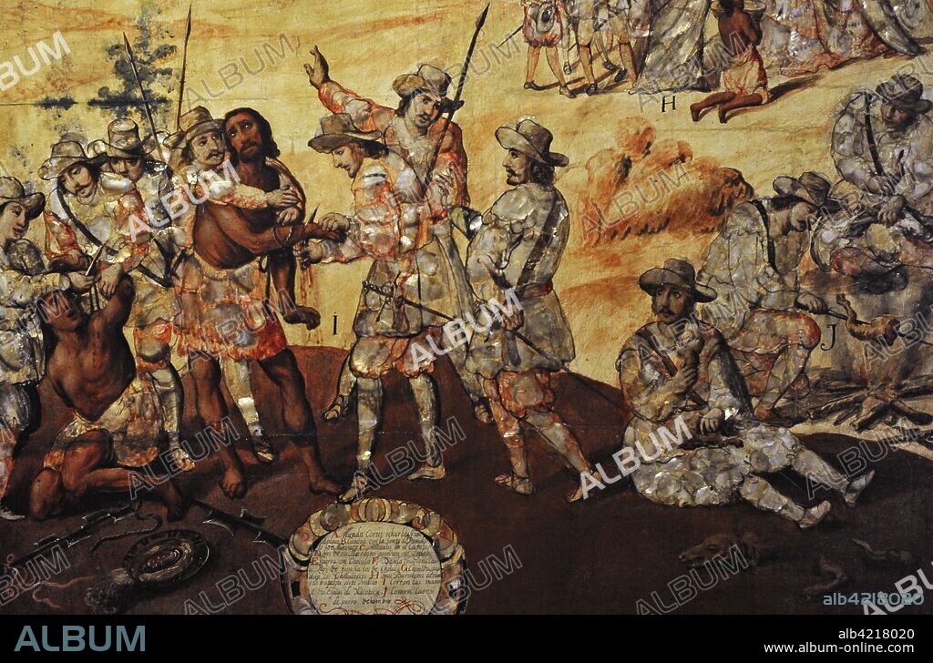 The Conquest of Me_xico (1519-1521). Towards to Cholula. I- Punishment received by the Indians spies of Xicotencatl: they cut their hands. J- They eat dog meat because of hunger. Detail. Table belonging to a set of 6 made with the "enconchado" technique. Anonymous author. Oil and nacre. 1676-1700. Mexican School. Viceroyalty of New Spain. Mexico. Museum of the Americas. Madrid, Spain.