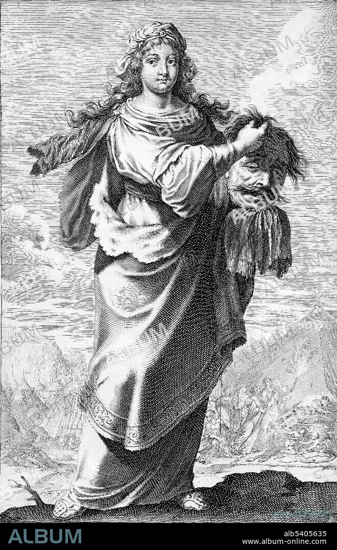 The Book of Judith is a deuterocanonical book, included in the Septuagint and the Catholic and Eastern Orthodox Christian Old Testament of the Bible, but excluded from Jewish texts and assigned by Protestants to the Apocrypha. The book contains numerous historical anachronisms, which is why many scholars now accept it as non-historical, it has been considered a parable or perhaps the first historical novel. Judith goes to the camp of the enemy general, Holofernes, with whom she slowly ingratiates herself, promising him information on the Israelites. Gaining his trust, she is allowed access to his tent one night as he lies in a drunken stupor. She decapitates him, then takes his head back to her fearful countrymen. The Assyrians, having lost their leader, disperse, and Israel is saved. Though she is courted by many, Judith remains unmarried for the rest of her life. Engraving appeared in The gallery of heroick women by Peter Le Moyne, 1652.