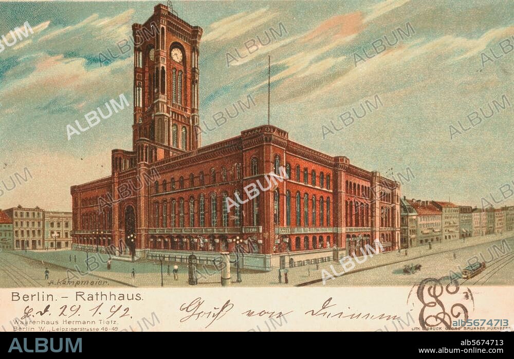 Berlin-Mitte, Rotes Rathaus. (1861-69 erbaut; Arch. H.F.Waesemann). "Berlin. Rathhaus". Bildpostkarte (Farblithographie), 1902. Berlin, Sammlung Archiv für Kunst und Geschichte.