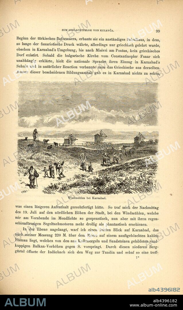 Windmills at Karnabad, Landscape with windmills near Karnobat (Bulgaria), Fig. 94, p. 99, 1879, F. Kanitz: Donau-Bulgarien und der Balkan: historisch-geographisch-ethnographische Reisestudien aus den Jahren 1860-1879. Leipzig: Verlagsbuchhandlung von Hermann Fries, 1879-1880.