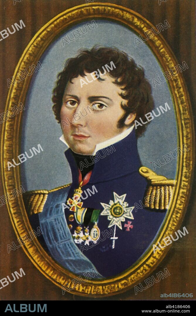 'Jean-Baptiste Bernadotte', (1933). Portrait of Marshal Jean-Baptiste-Jules Bernadotte, Prince of Ponte Corvo, Charles XIV of Sweden (1763-1844). Born Jean Bernadotte, he served a long career in the French Army and was appointed Marshal of France by Napoleon who also made him Prince of Pontecorvo in 1806. In 1818 he became King Charles XIV John of Sweden and Charles III John of Norway. Upon his Swedish adoption, he assumed the name Carl. After a miniature by Jakob Axel Gillberg, after a painting by François Gérard. From "Gestalten Der Weltgeschichte", a book of cigarette-card portrait miniatures of figures in world history from the last four hundred years. [Germany, 1933].