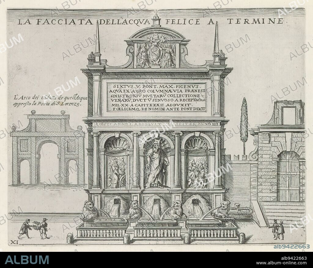 Fontana dell'Acqua Felice at Rome, La facciata dell'Acqua Felice a Termine (title on object), Monuments and buildings erected during the pontificates of Popes Paul V and Sixtus V (series title), View of the Fontana dell'Acqua Felice, the Moses Fountain, at Rome. Title in Italian above the image. Print is part of an album., print maker: Matthäus Greuter, publisher: Matthäus Greuter, Paulus V, print maker: Rome, publisher: Rome, Vaticaanstad, 1618, paper, engraving, height 179 mm × width 224 mm.