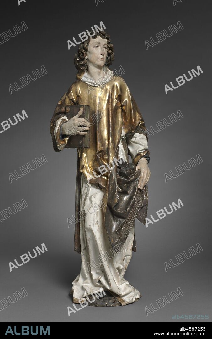 Saint Stephen, 1502-1508. This sculpture, along with that of Saint Lawrence (1959.42) and two others in Germany, are believed to be the remaining fragments of a large altarpiece carved by Riemenschneider for the Dominican convent in Rothenburg in Franconia (demolished in 1813). Saints Stephen and Lawrence both wear the dalmatic to indicate their status as deacons in the early church. Each holds a symbol of his martyrdom; here, Saint Stephen cradles some stones to indicate his death by stoning. Art in Germany through the early 1500s remained firmly anchored in the late Gothic style with its associated interests in realism. Riemenschneider was one of the most prolific and versatile sculptors of this style, a recognized master in both stone and wood. His flourishing workshop employed as many as 40 apprentices in sculpting, woodcarving, and painting. His sculptures are noted for the dreamy, melancholy, and introspective quality in their expressions, as well as their remarkable attention to detail.
