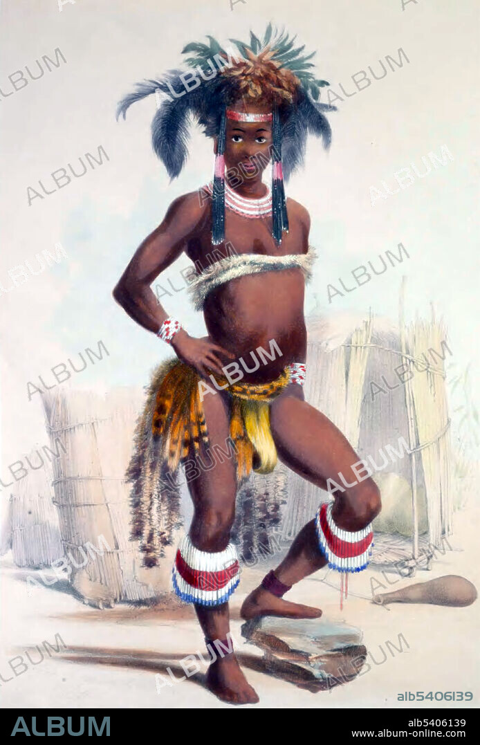 Nopae, young Zulu in his dance costume. In a typical Zulu dance large and high steps and jumps are made, and is hard and rhythmically pounded on the ground. The dancers stand in a line. Hands are piled high, often decorated with weapons and shields.  In 1846 George French Angas (English explorer and painter) went to South Africa, where he spent two years in Natal and the Cape, working on a series of drawings and watercolors which were published in 1849 as The Kafirs Illustrated.
