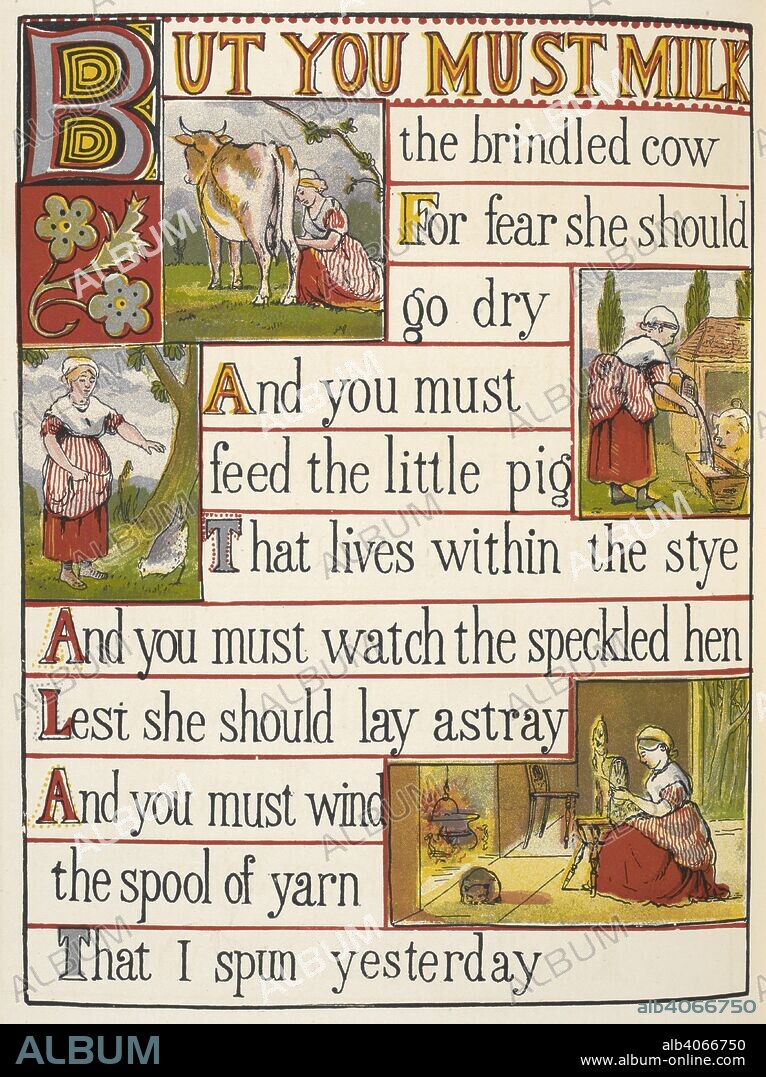 A cow being milked by a maid. A nursery rhyme. . The old man in the wood. London : Frederick Warne & Co., [1877] Camden Press. Source: 12805.l.45.(11) plate 3.