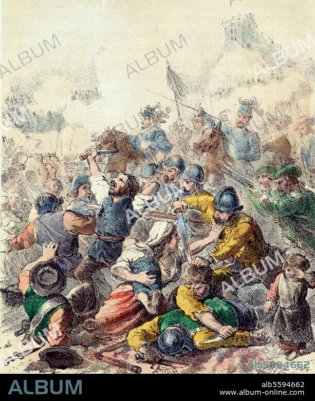 Peasants' War 1524/25. Battle near Frankenhausen on 15 May. 1525. Battle scene. Chalk lithograph, coloured, by Theodor Hosemann (1807-1875). From: Theodor Dielitz, Die Helden der Neuzeit, 4. Aufl., Berlin (Winckelmann & Söhne), undat. (1861). Berlin, Sammlung Archiv für Kunst und Geschichte.