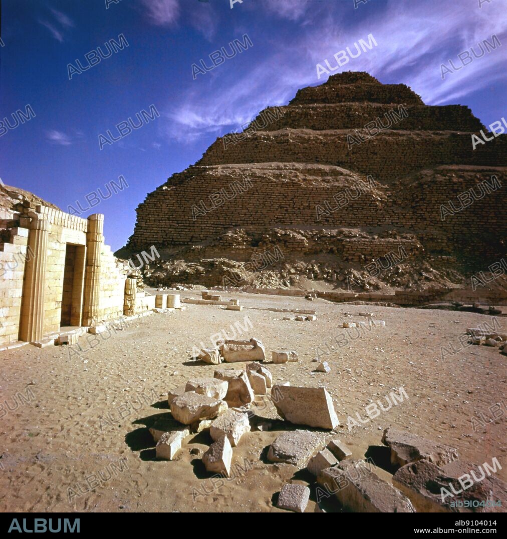 Saqqara - step pyramid - Saqqara, Sakkara, Saqqarah is a vast, ancient burial ground in Egypt, featuring the world's oldest standing step pyramid (29.871264° N 31.216381° E). It is located some 30 km south of modern-day Cairo and covers an area of around 7 km by 1.5 km. ©TopFoto.