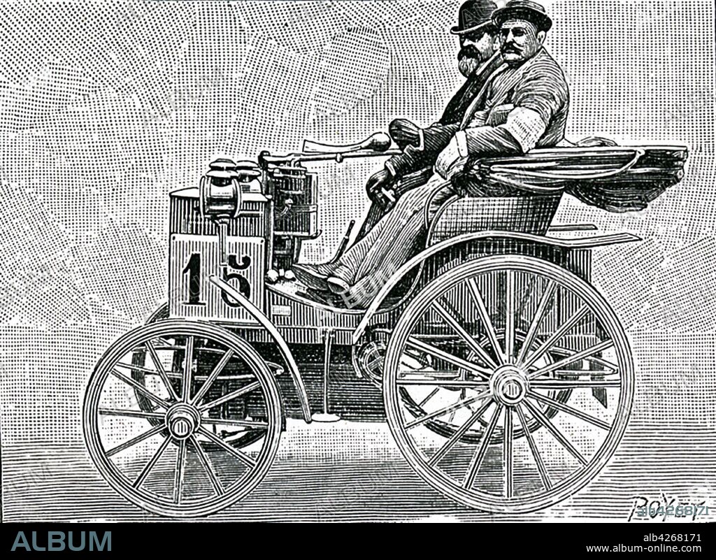 An engraving depicting Rene Panhard & Emile Levassor in their two-seater petrol driven car in which they won the road race sponsored by Le Petit Journal. Rene Panhard (1841-1908) a French engineer, merchant and a pioneer of the automobile industry in France. Emile Levassor (1843-1897) a French engineer and pioneer in the automobile industry and car racing in France. Dated 19th century.