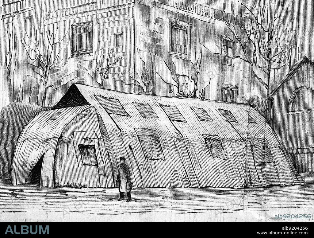 Illustration relating to the influenza pandemic in Paris, from the cover of Le Petit Parisien, January, 1890: the exterior of a special tent set up as a ward for the sick in the courtyard of the hospital. The 1889-1890 pandemic, often referred to as the Russian Flu, was one of the deadliest pandemics in history, killing one million people.