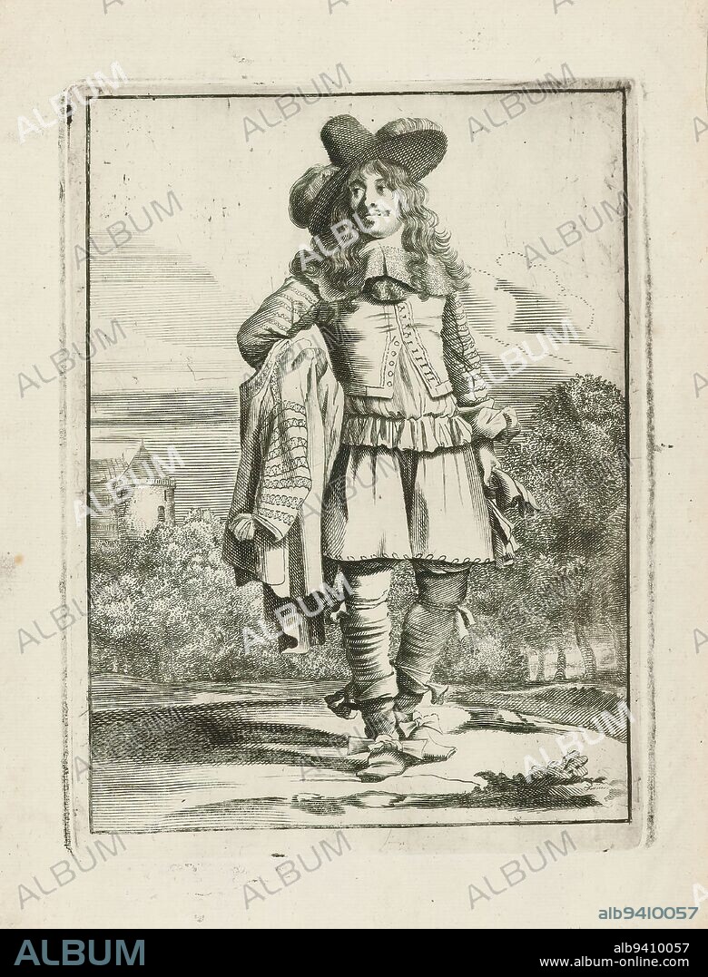Gentleman, standing in landscape, dressed according to fashion about 1660, Elegantly dressed gentleman, standing in landscape, seen from front, cloak over right arm. Hat with wide brim on head. Trees and (left) a tower in the background., print maker: Jan van Troyen, after design by: Gerbrand van den Eeckhout, c. 1660, paper, engraving, height 170 mm × width 128 mm.