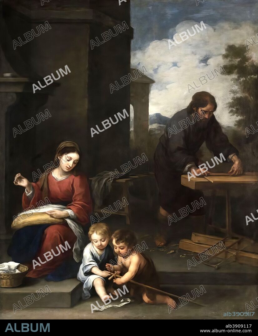 BARTOLOMÉ ESTEBAN MURILLO. Sagrada Familia en el taller de carpintería con San Juanito, h.1665-1670, Oleo sobre lienzo , 156x126 cm con marco: 184,5x 154 x 12,5 cm.