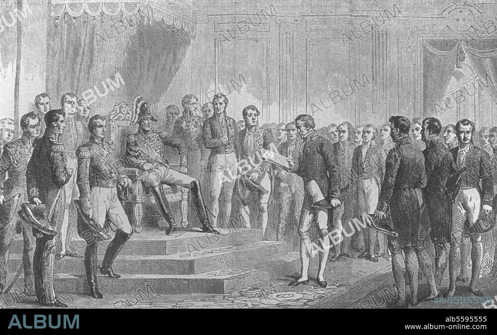 Charles X, roi de France (1824-30), 1757-1836. - "Royer-Collard présentant au roi Charles X l'adresse des 221 députés". (18.3.1830). Grav. sur bois : "Histoire contemporaine de la France" (Ed. Charles Lahure) 1864.