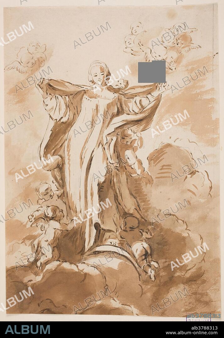 ANÓNIMO. Anónimo / 'La Inmaculada Concepción'. Siglo XVIII. Aguada parda, Pluma, Preparado a lápiz sobre papel verjurado, amarillento, 300 x 207 mm.