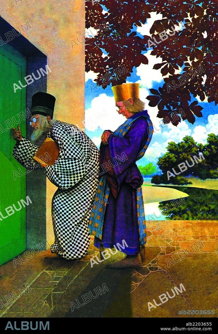 MAXFIELD FREDERICK PARRISH. Maxfield Parrish (1870 – 1966) was an American painter and illustrator.  He worked on comission on books, advertising campaigns, magazines, and even sculpture.  He was famous for his "girls on rocks" but his work went well beyond that series.