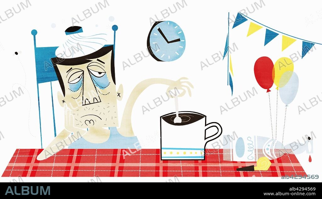 Man with hangover and ice pack on head stirring coffee.