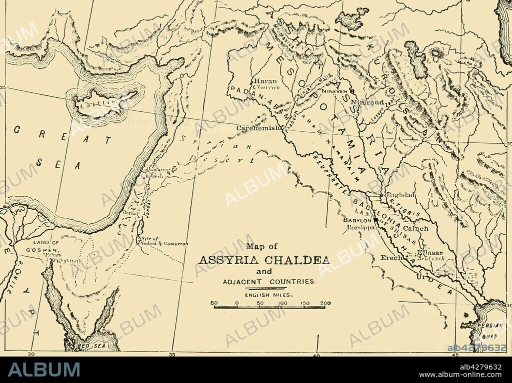'Map of Assyria, Chaldea and Adjacent Countries', 1890. Assyria was a Mesopotamian kingdom from 25th century BC to  612 BC- 609 BC. Chaldea was a country  between the late 10th or early 9th and mid-6th centuries BC, after which it was absorbed and assimilated into Babylonia.  From "Cassell's Illustrated Universal History, Vol. I - Early and Greek History", by Edmund Ollier. [Cassell and Company, Limited, London, Paris and Melbourne, 1890].