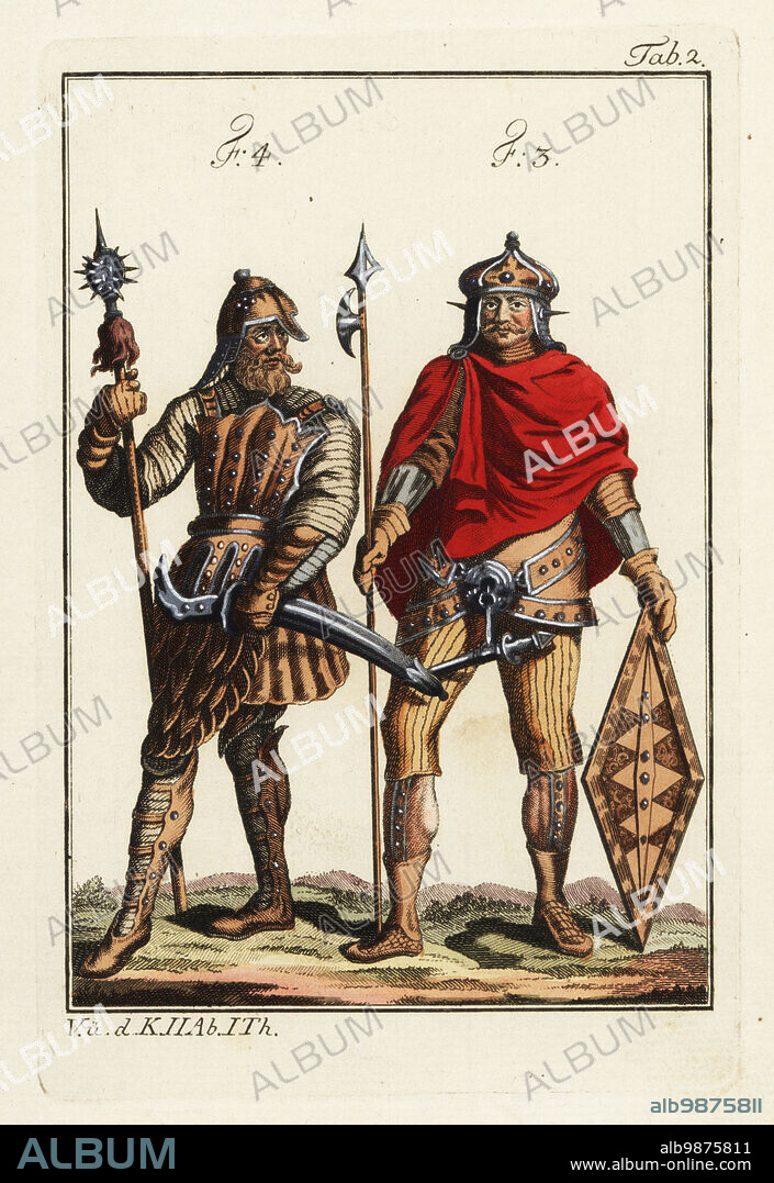 Vandal and Gepide warriors. Vandal in helmet with spikes, cloak (chlamys) and wooden shield 3. Gepide in helmet, breastplate and thigh armour, lance with spiked head and a fearsome curved sword 4. Handcolored copperplate engraving from Robert von Spalart's Historical Picture of the Costumes of the Principal People of Antiquity and Middle Ages, Vienna, 1796.
