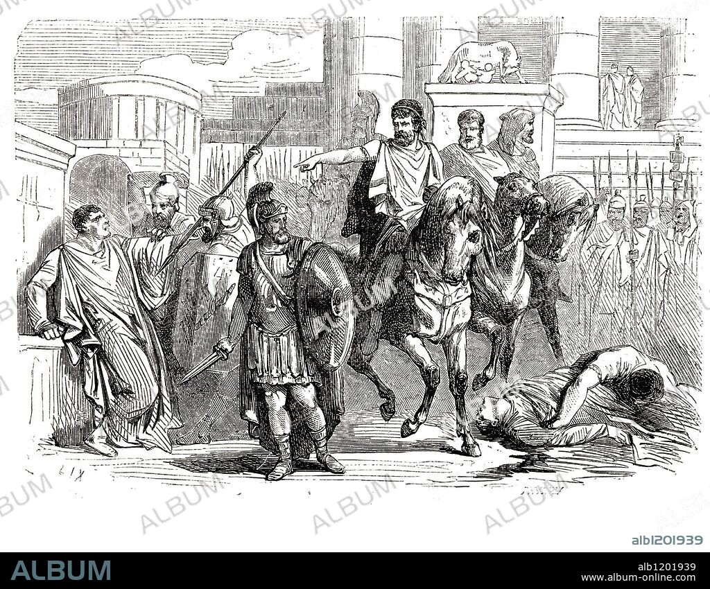 Lucio Cornelio Sila (138-78 a.JC). Militar y político romano. En conflicto con Mario en el año 88, a la cabeza de su ejército, tomó Roma por la fuerza. Grabado de 1866.