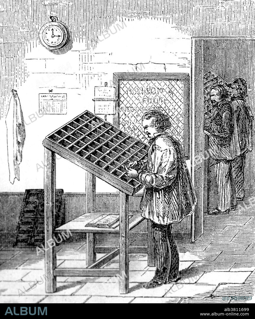 During much of the letterpress era, movable type was composed by hand for each page. Cast metal sorts were composed into words, then lines, then paragraphs, then pages of text and tightly bound together to make up a form, with all letter faces exactly the same height to paper , creating an even surface of type. The form was placed in a press, inked, and an impression made on paper. During typesetting, individual sorts are picked from a type case with the right hand, and set into a composing stick held in the left hand from left to right, and as viewed by the setter upside down.